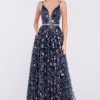 A-line floral glitter print gown with beaded edging and belt navy