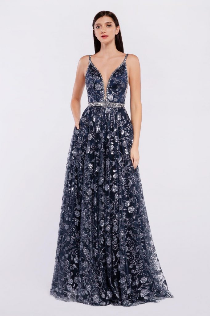 A-line floral glitter print gown with beaded edging and belt navy