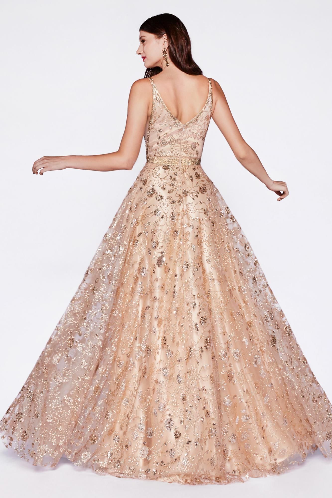 A-line floral glitter print gown with beaded edging and belt_Gold nude