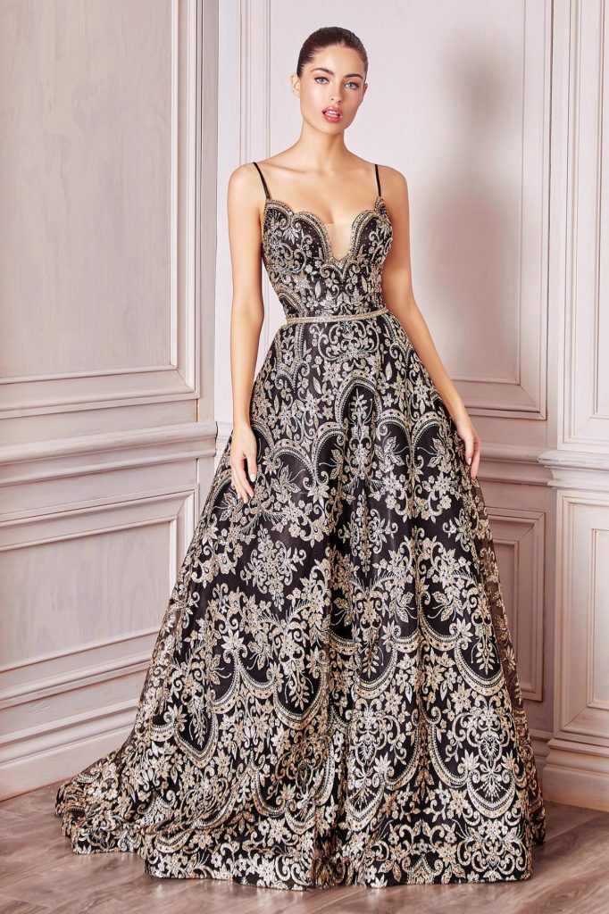 A-line glitter print gown with scalloped sweetheart neckline and beaded belt detail brown