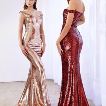 Off the shoulder fitted dress with sequin finish and deep plunge neckline pink gold burgundy