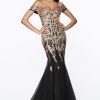 Off the shoulder lace and tulle mermaid gown with horsehair trim and beaded details_BACK black gold