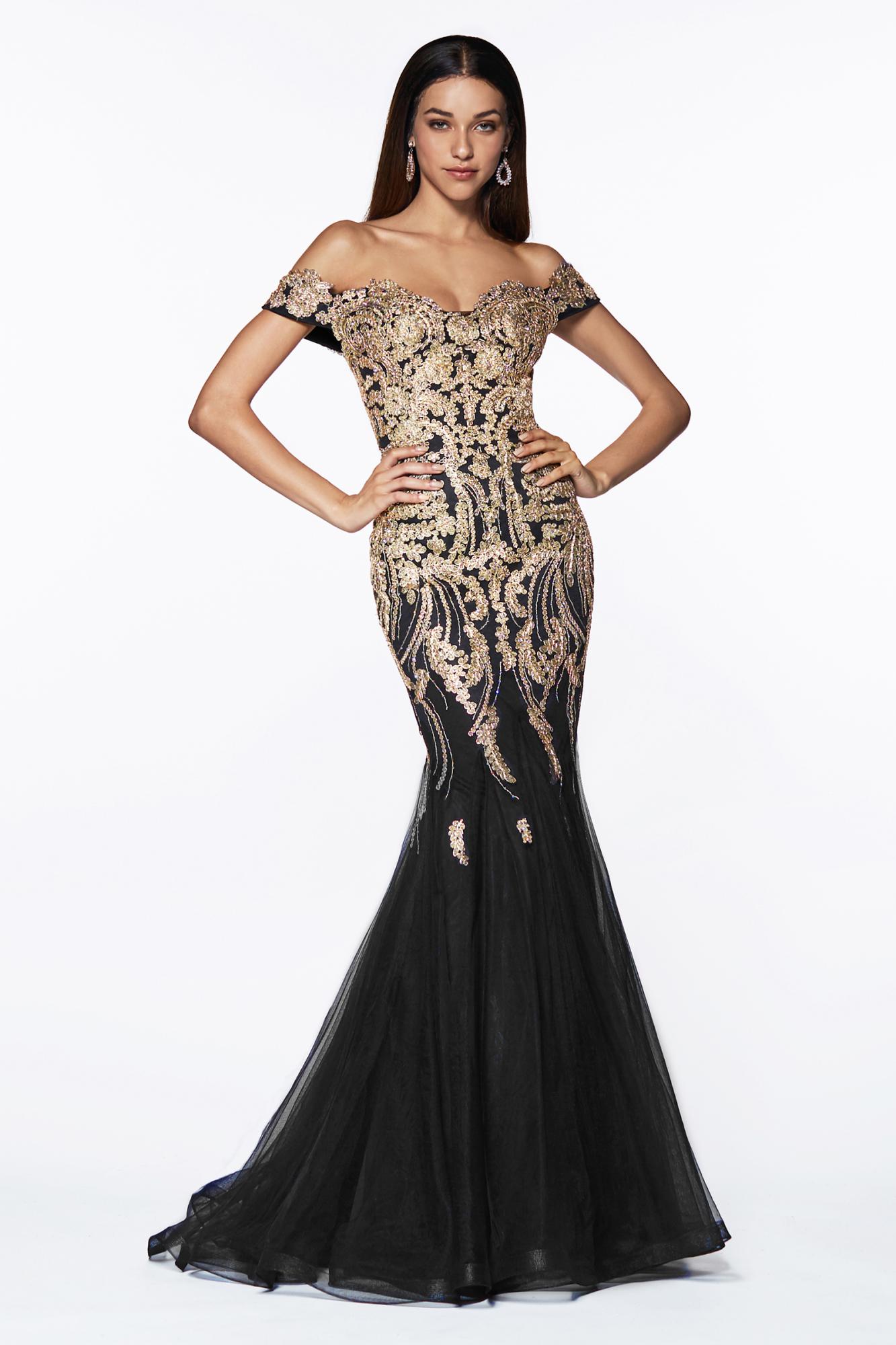 Off the shoulder lace and tulle mermaid gown with horsehair trim and beaded details_BACK black gold