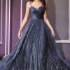 PLEATED A-LINE GLITTER GOWN navy