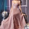 PLEATED A-LINE GLITTER GOWN_gold dusty pink