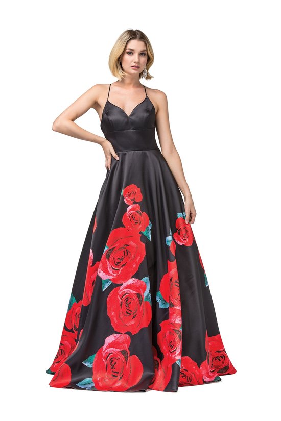 Floral A Line Black Red Print Gown