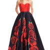 Sweetheart, Strapless, A Line Rose Print Dress red