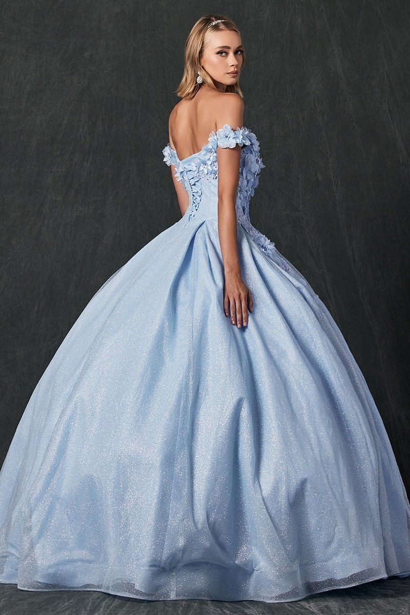 Floral embroidered and sparkling stones ball gown blue