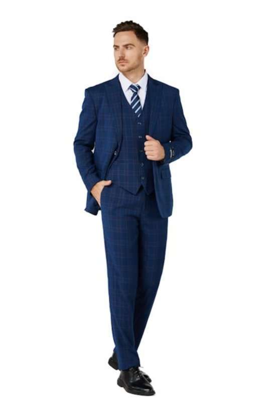 CHECKER BLUE 3pcs Suit. JACKET & VEST 2-button Notched lapels + 1 pair of shoes