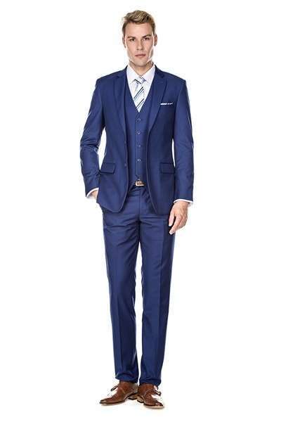 Men's 3-piece Slim Fit Short Suits Includes jacket, vest and unhemmed trousers_Blue + 1 pair of shoes