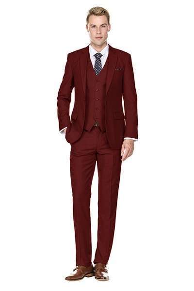 Men's 3-piece Slim Fit Short Suits Includes jacket, vest and unhemmed trousers_Burgundy + 1 pair of shoes