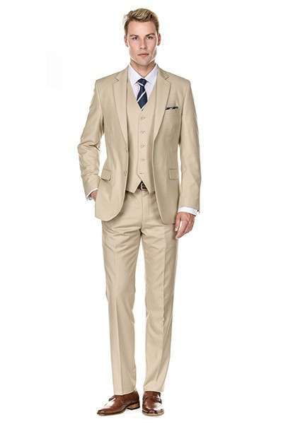 Men's 3-piece Slim Fit Short Suits Includes jacket, vest and unhemmed trousers_Tan + 1 pair of shoes